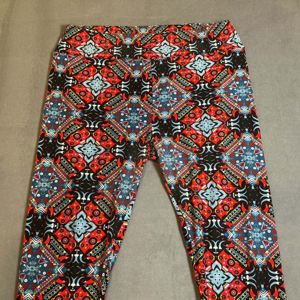 LuLaRoe Womens Leggings One Size OS Red Blue Black Geometric Kaleidoscope Tribal